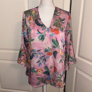 LaRoque Bell Sleeve Blouse Pink Tropical Vacation Flattering Tunic
